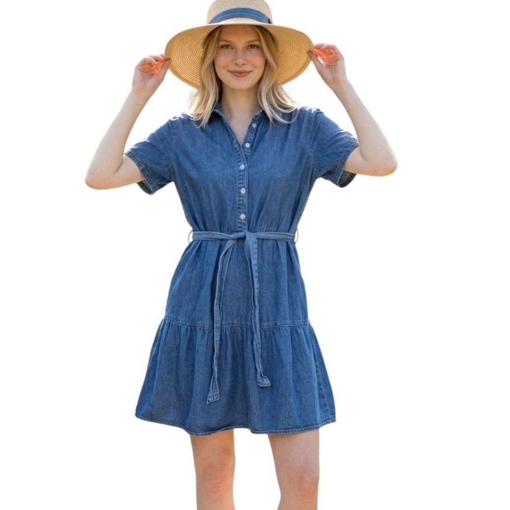 Joie Denim Shirt Dress Tie Waist Blue Western Cowgirl Coastal Fit Flare Casual M